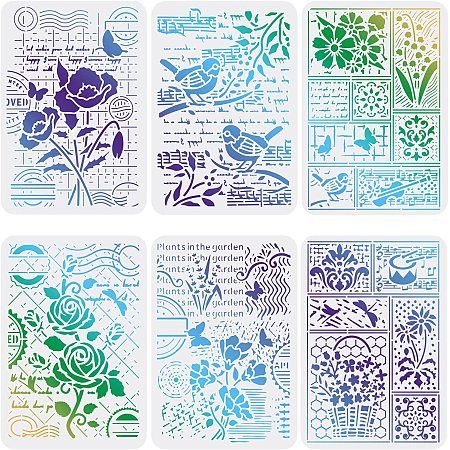 FINGERINSPIRE 6 PCS Flower Stencils Template 11.7x8.3 inch Plastic Birds Drawing Painting Stencils Flower Stamp, Butterfly Singing Bird Pattern Stencils for Painting on Wood, Floor, Wall and Tile
