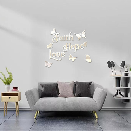 GLOBLELAND Custom Acrylic Wall Stickers, for Home Living Room Bedroom Decoration, Rectangle with Word & Butterfly Pattern, Silver, 430x480mm