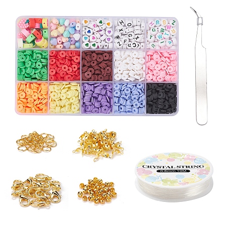 DIY Jewerlry Making Kit, Including Acrylic Beads, Handmade Polymer Clay Beads, Iron End Caps, Elastic Crystal Thread, 410 Stainless Steel Tweezers, Zinc Alloy Clasps, Brass Jump Rings & Crimp Beads, Mixed Color, Beads: 6~11x6~11x1~6mm, Hole: 1~2mm