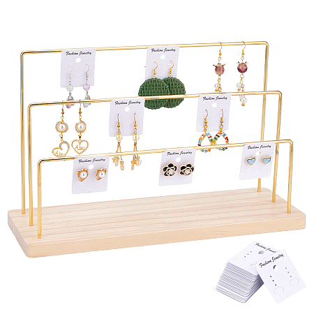 PandaHall Elite 3-Tier Iron Earring Display Organizer Holder, with Bisque Wood Base and 28Pcs Display Cards, Golden, Finish Product: 10.8x34x20cm, about 32pcs/set