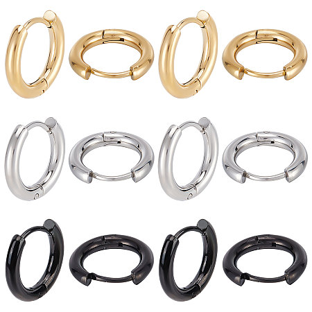 SUNNYCLUE 12pairs 3 colors 304/202 Stainless Steel Huggie Hoop Earrings, Hypoallergenic Earrings, Ring, Mixed Color, 10 Gauge, 14.5~15x14~15x2.5mm, Pin: 1mm, 4pairs/color