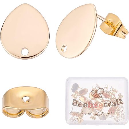 Beebeecraft 20Pcs 18K Gold Plated Teardrop Earring Findings Flat Plate Earring Posts Loop and Butterfly Earring Backs for DIY Earring Jewelry Making