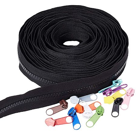 BENECREAT 6.5 Yards #5 Plastic Zipper Nylon Resin Zipper with 24PCS Mixed Color Zinc Alloy Zipper Slider for DIY Sewing Tailor Crafts Bags Tents, Black
