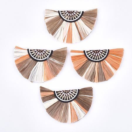 Raffia Decoration Accessories, with Cotton, Fan Shaped, Dark Salmon, 41~42x68~69x6mm