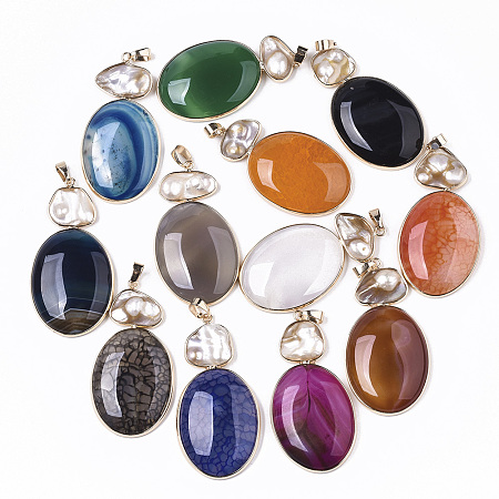 Honeyhandy Natural Agate Big Pendants, with Light Gold Tone Brass Edge & Snap on Bails, Natural Keshi Pearl Beads, Dyed, Oval, Mixed Color, 55~60x31x7mm, Hole: 8x5mm