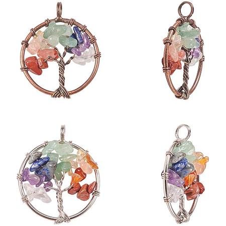 PandaHall Elite 4pcs Tree of Life Pendant Charms Gemstone Chakra Crystal Stone Pendant for Necklace Earring Necklace Jewelry Making (Platinum, Red Copper)