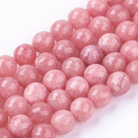 Honeyhandy Natural Jade Bead Strands, Dyed, Faceted, Round, Pearl Pink, 10mm, Hole: 1mm, 38pcs/strand, 14.5 inch