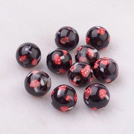 Honeyhandy Spray Painted Resin Beads, with Mushroom attern, Round, Black, 10mm, Hole: 2mm