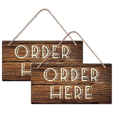 Arricraft 2 Sets Order Here Wood Hanging Sign Slogan Sign Plaque Rectangle Ordering Area Sign Rustic Wood Pattern Hanging Sign for Resturant Coffee Shop Tavern Decoration About 11.8x5.9inch