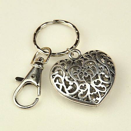 Honeyhandy Valentines Day Gifts Tibetan Style Heart Keychain, with Iron Key Clasp Findings and Alloy Swivel Clasps, Antique Silver, 95mm