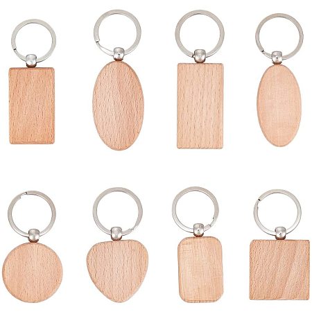 PandaHall Elite 8 pcs Wooden Blank Key Chain Tags, Rectangle/Heart/Oval/Flat Round Wood Keychains for DIY Craft Making, Burlywood