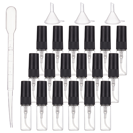 BENECREAT 40PCS 3ml Mini Fine Mist Glass Spray Bottle Clear Glass Travel Empty Atomiser Black Cap with 2PCS Funnel and 4PCS 2ml Pipettes for Perfume, Cosmetic