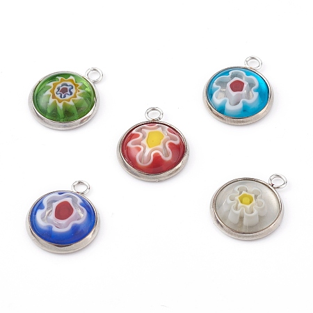 Honeyhandy Handmade Millefiori Glass Pendants, with 304 Stainless Steel Pendant Cabochon Settings, Flat Round, Stainless Steel Color, Mixed Color, 14x11.5x3mm, Hole: 2mm