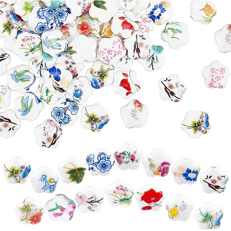 PandaHall Elite 90pcs Flower Ceramic Beads 15 Styles Traditional Chinese Theme 14mm Flat Spacer Beads Handmade Porcelain Beads for Earring Necklace Bracelet Hair Accessory, 1.8mm Hole