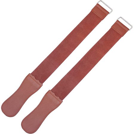 GORGECRAFT 2Pcs Straight Razor Strop Leather Knives Sharpening Straps Saddle Brown PU Leather Barber Cowhide Kit Iron Clasp for Men Daily Barber Shop Supplies Accessories, 19x2Inch