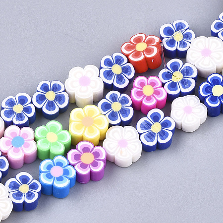 Honeyhandy Handmade Polymer Clay Beads Strands, Flower, Mixed Color, 9.5~10.5x9.5~10.5x3.5~5mm, Hole: 1mm, about 39pcs/strand, 14.9 inch