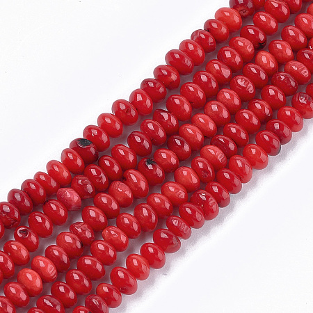 Honeyhandy Sea Bamboo Coral(Imitation Coral) Beads Strands, Dyed, Rondelle, FireBrick, 6x4~4.5mm, Hole: 0.8mm, about 101pcs/strand, 15.7 inch