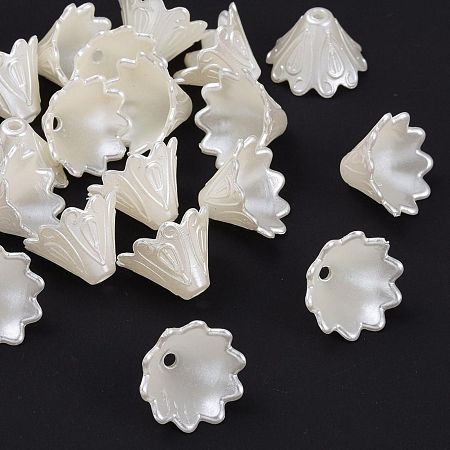 Honeyhandy Multi-Petal Flower ABS Plastic Imitation Pearl Bead Caps, Creamy White, 10x15mm, Hole: 2mm