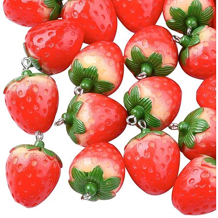 Pandahall Elite 10pcs Strawberry Pendants Charms Imitation Food Fruit Pendants Resin Charms Beads Hanging Ornament for Earring Bracelet Necklace Jewelry Making