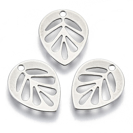 Honeyhandy 201 Stainless Steel Charms, Laser Cut, Hollow, Leaf, Stainless Steel Color, 13x10.5x0.5mm, Hole: 1.2mm