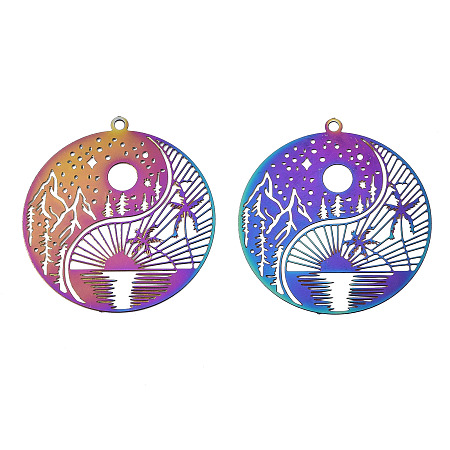 Honeyhandy Ion Plating(IP) 201 Stainless Steel Filigree Pendants, Etched Metal Embellishments, Flat Round with Landscape Pattern, Rainbow Color, 32x30x0.3mm, Hole: 1.5mm