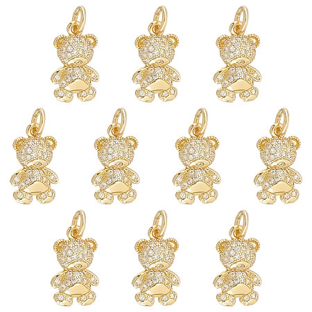 SUNNYCLUE Brass Micro Pave Clear Cubic Zirconia Pendants, Long-Lasting Plated, Bear, Real 18K Gold Plated, 14.5x9x3mm, Hole: 3.5mm, 10pcs/box
