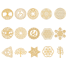 Olycraft Self Adhesive Brass Stickers, Scrapbooking Stickers, for Epoxy Resin Crafts, Golden, 18~36x25~36x0.3mm; 15patterns, 1pc/pattern, 15pcs/set