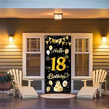 FINGERINSPIRE 71x35 inch Birthday Banners with Hanging Rope Black & Gold 18th Birthday Party Supplies Rectangle Polyester Hanging Sign with Firework Balloon Pattern for Outdoor & Indoor Decor