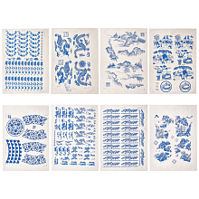 BENECREAT 8 Sheets 8 Style Paper Ceramic Decals, Pottery Ceramics Clay Transfer Paper, Underglaze Flower Paper, Blue and White Porcelain Style, Royal Blue, 530x380x0.1mm, 1 sheet/style