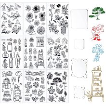 GLOBLELAND 8 Pieces Flower Plants Clear Stamps Set and 4 Pieces Acrylic Stamp Blocks with Grid Lines for Card Making Decor DIY Scrapbooking