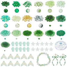 NBEADS Green Glass Beads Kit, 8mm Glass Round Beads Starfish Beads Fishtail Beads Fish Beads 9 Colors Glass Seed Beads with Crystal Thread for DIY Craft Bracelet Jewelry Making