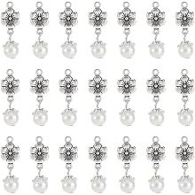 Arricraft 32 Pcs Faux Pearl Pendants, Antique Silver Flower Pearl Charms with Tibetan Style Alloy Finding Acrylic Imitated Pearl Dangle Pendants for Jewelry Making