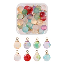 40Pcs 8 Colos Transparent Spray Painted Glass Pendants, with Light Gold Plated Brass Loop, Frosted, Round, Mixed Color, 12x8mm, Hole: 1.6mm, 5pcs/color