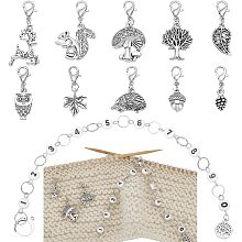 BENECREAT 11Pcs Acrylic Number Knitting Row Counter Chains and Alloy Autumn Theme Charm Locking Stitch Markers with Lobster Claw Clasps for Knitting Weaving Sewing Accessories, Antique Silver