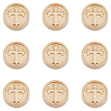 Arricraft Brass Beads, Flat Round with Cross, Cadmium Free & Nickel Free & Lead Free, Real 18K Gold Plated, 10x4.5mm, Hole: 1.4mm, 10pcs/box