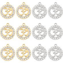 UNICRAFTALE 12pcs 2 Colors Flat Round Pendants 201 Stainless Steel Crystal Rhinestone Charms Flat Round with Aum/Ohm Jewellery Making Charms 1.6mm Hole Dangle Charms Pendants for Jewelry Making