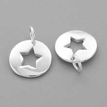 Honeyhandy 925 Sterling Silver Charms, Flat Round with Star, Silver, 14.5x11x1.5mm, Hole: 3mm