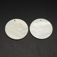 Honeyhandy Flat Round Freshwater Shell Pendants, Creamy White, 38x3mm, Hole: 2mm