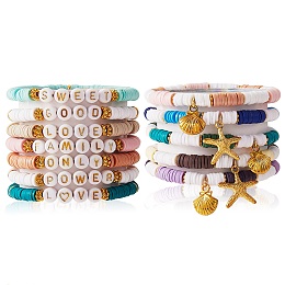 Honeyhandy 12Pcs 12 Style Handmade Polymer Clay Heisih Beaded Stretch Bracelets Set with Shell Starfish Charm, Inspiration Word Lucky Preppy Bracelets for Women, Mixed Color, Inner Diameter: 2-1/8 inch(5.5cm)