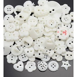 Honeyhandy Dyed Mixed Shapes and Mixed Size Acrylic Buttons, for Art Button Craft Button Ornament, White, 10~16x11~16x2~3mm, Hole: 2mm