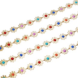 2M Brass Enamel Flower Link Chains, Long-Lasting Plated, Unwelded, Colorful, Golden, Flower: 13.5x10x2.5mm,, 2m/box