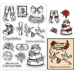 PandaHall Elite Wedding Themed Clear Stamp Wedding Champaign Pigeon Cake Ring Rose Silicone Rubber Stamp Transparent Seal Stamp for Wedding Party Invitation Card Postcard Album Photo Gift Scrapbooking