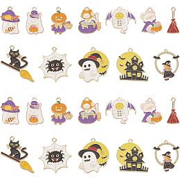 SUNNYCLUE 1 Box 24Pcs 12 Style Halloween Themed Charms Witch Charms Pumpkin Ghost Charm Black Cat Charm Fairy Magic Charm for Jewelry Making Charms DIY Earrings Bracelet Necklace Craft Women Adult