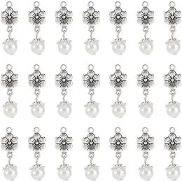 Arricraft 32 Pcs Faux Pearl Pendants, Antique Silver Flower Pearl Charms with Tibetan Style Alloy Finding Acrylic Imitated Pearl Dangle Pendants for Jewelry Making