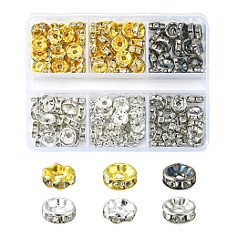 Honeyhandy 150Pcs 6 Styles Iron Rhinestone Spacer Beads, Grade A & B, Rondelle, Waves Edge, Crystal, Mixed Color, 7~8x3.5mm, Hole: 1.5~2mm, about 25Pcs/style