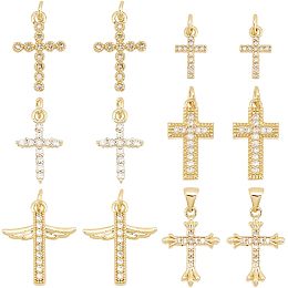 AHANDMAKER 12 Pcs Cubic Zirconia Cross Charms, 6 Styles Brass Micro Pave Cross Wing Real 18K Gold Plated Cross Charms Pendant for DIY Bracelet Necklace Jewelry Making