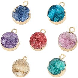 PandaHall Elite 7 Color Natural Druzy Agate Pendants 18k Plated Gold Pendants Gemstone Charm Pendants Round Bright Pendants for Bracelet Necklace Jewelry Making