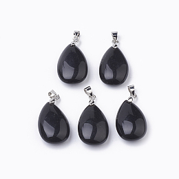 Honeyhandy Natural Obsidian Gemstone Pendants, with Platinum Tone Brass Findings, teardrop, 23.5x15x8mm, Hole: 4x4mm