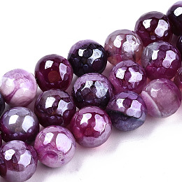 Honeyhandy Electroplate Natural Agate Beads Strands, Dyed, Faceted, Pearl Luster Plated, Round, Old Rose, 10.5mm, Hole: 1.2mm, about 36~37pcs/strand, 14.37 inch~14.57 inch(36.5cm~37cm)