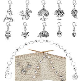 BENECREAT 11Pcs Acrylic Number Knitting Row Counter Chains and Alloy Autumn Theme Charm Locking Stitch Markers with Lobster Claw Clasps for Knitting Weaving Sewing Accessories, Antique Silver